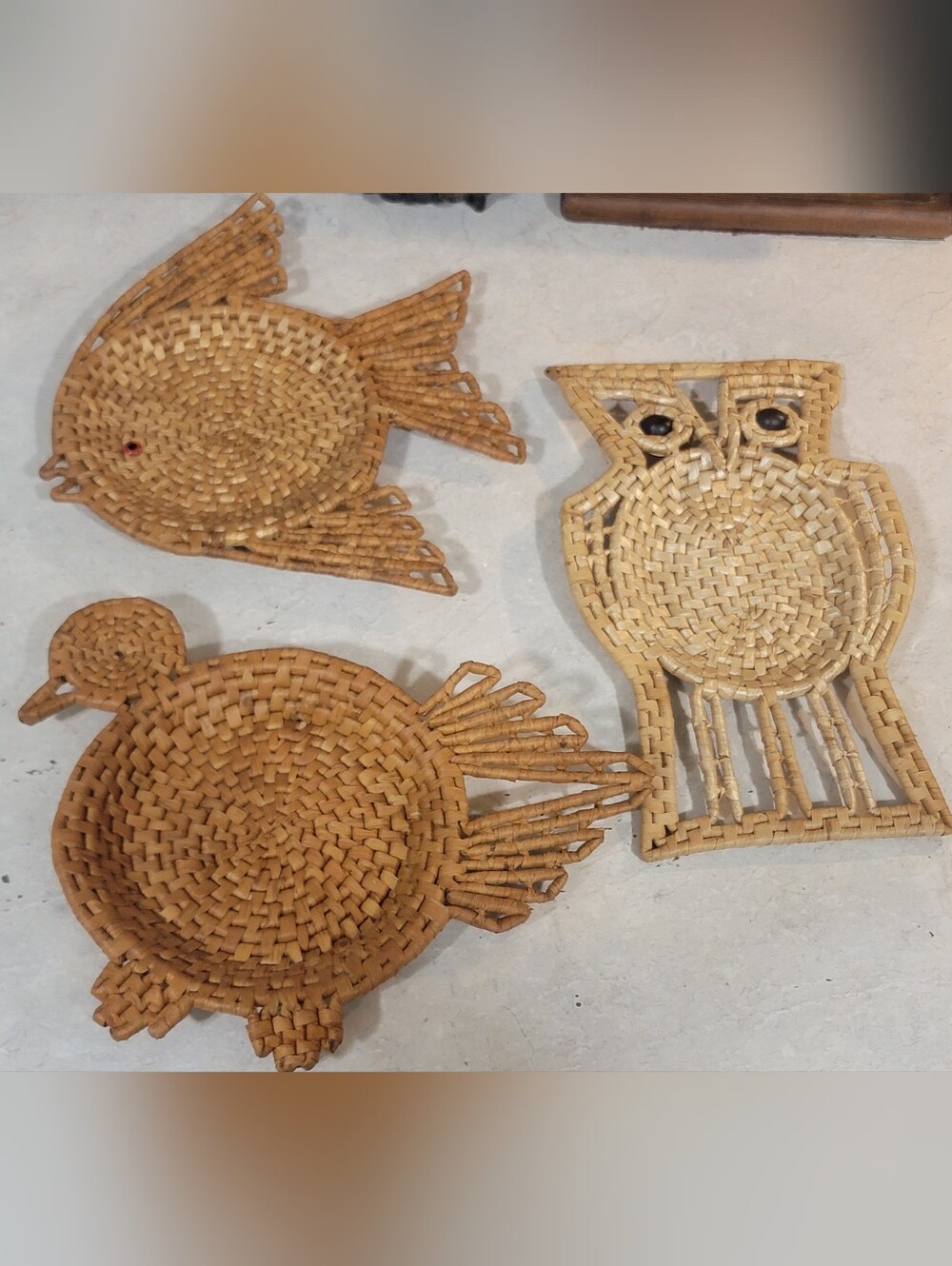 1970's Handwoven Natural Rattan Bird, Fish & Owl Wall Accent Set- Natural Brown